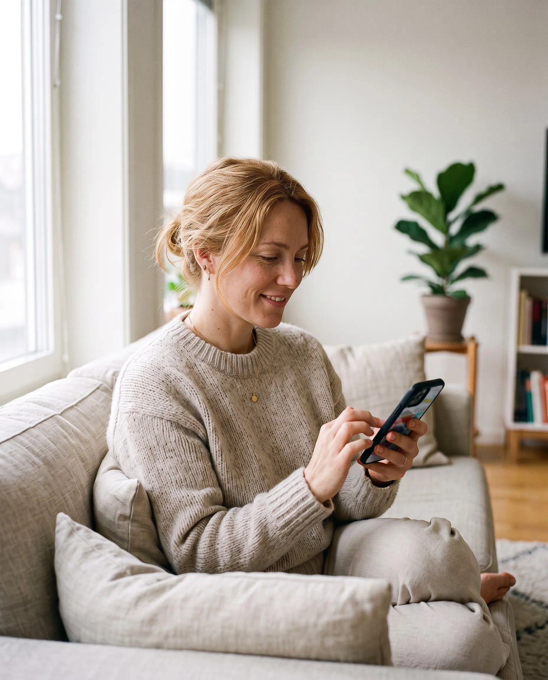 En kvinna i stickad tröja sitter i en soffa och handlar i mobilen