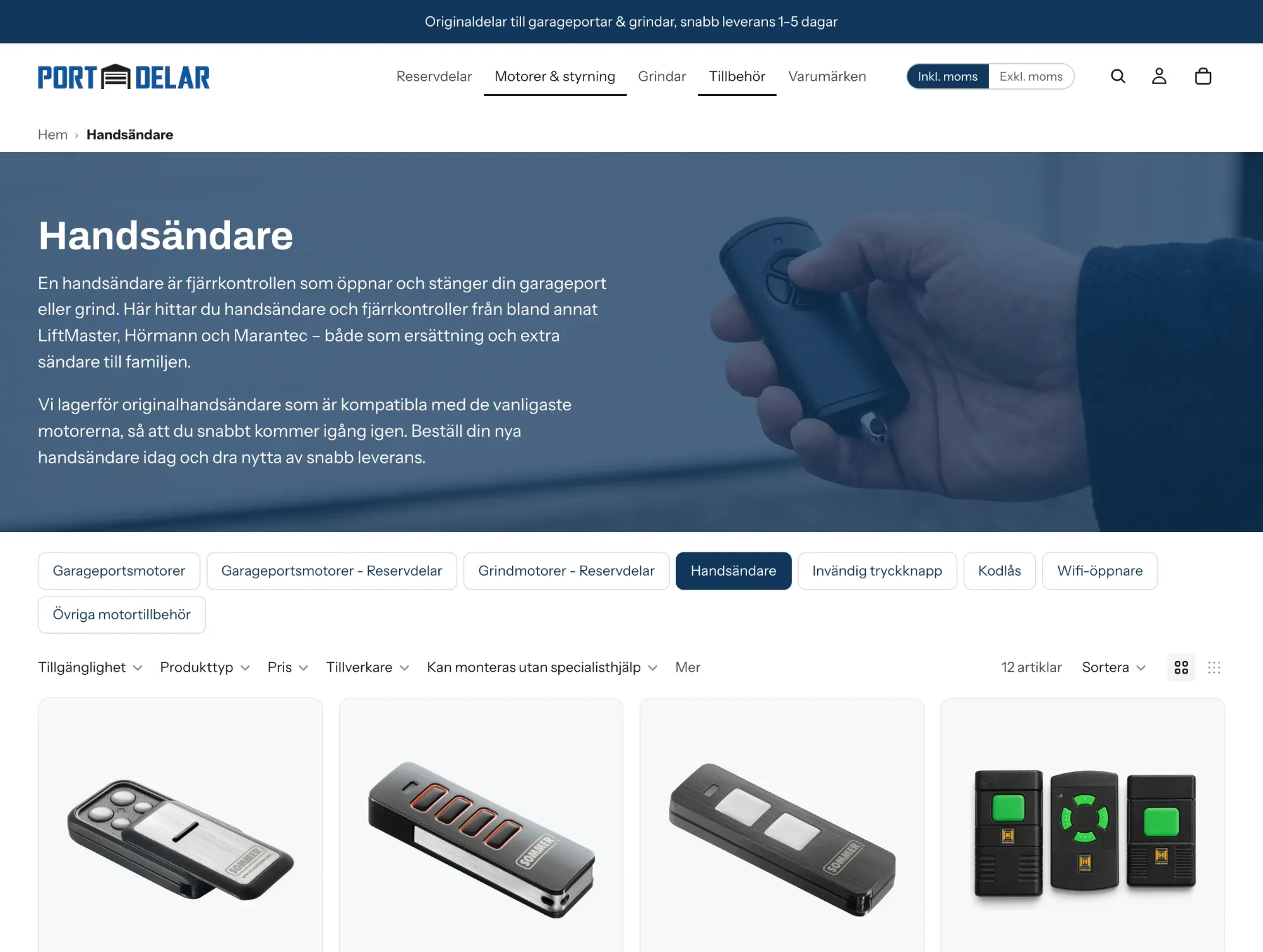 Kollektionssidan Handsändare i Portdelars webbutik, i deras blå färg och med deras logotyp