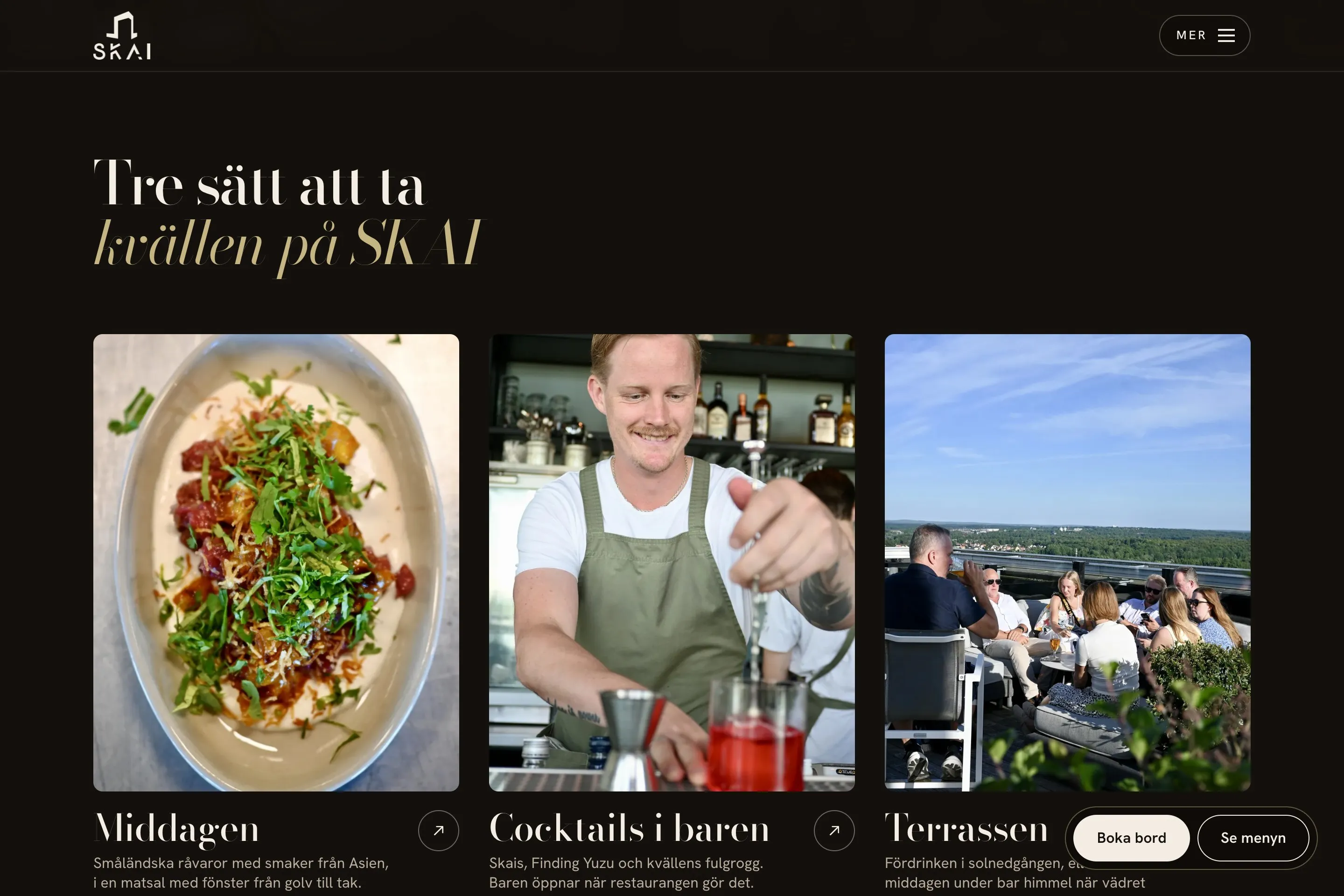 Restaurang SKAI:s hemsida, avsnittet om kvällen med middag, bar och terrass, byggd av StickOut
